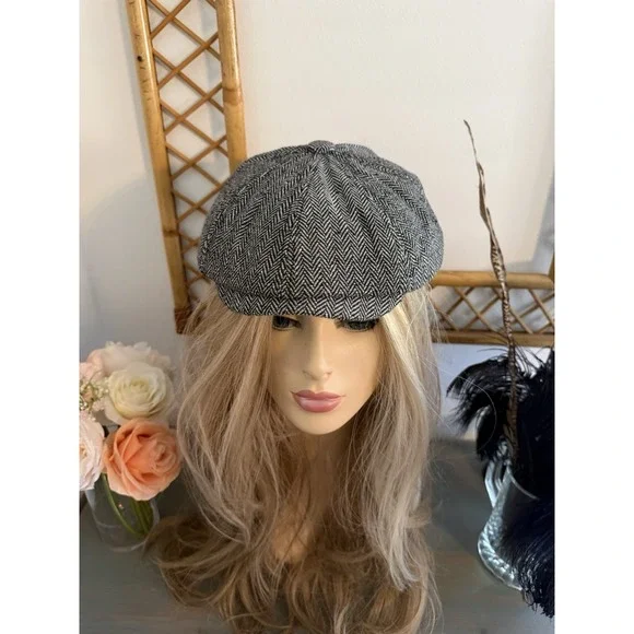 Newsboy Paper Boy Baker Boy Cap Gray Herringbone Tweed Hat Unisex OS Vintage - Picture 15 of 16